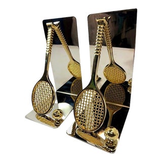 1980s Polished Brass & Chrome Tennis Racket Bookends - A Pair For Sale