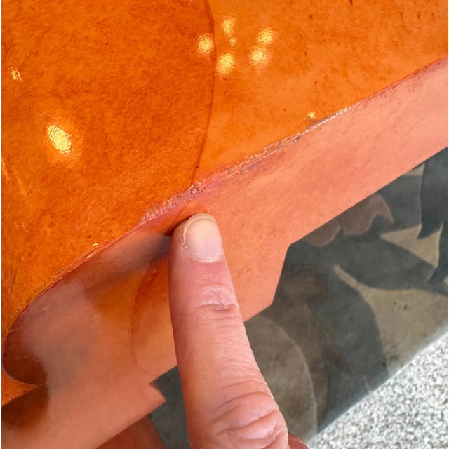 Orange 1980s Vintage Postmodern Faux Goatskin Orange Lacquer Console Table For Sale - Image 8 of 12