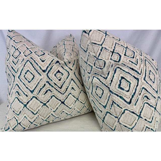 Transitional Geometric Epingle in White/Teal 22" Pillows-a Pair For Sale - Image 3 of 3