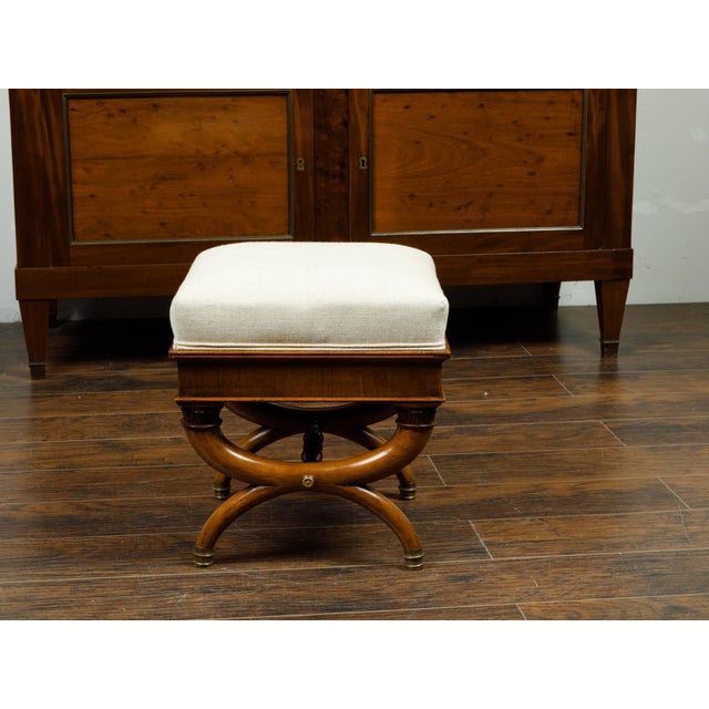19th Century French 19th Century Walnut Curule Stool with Corinthian Capitals and Upholstery For Sale - Image 5 of 9