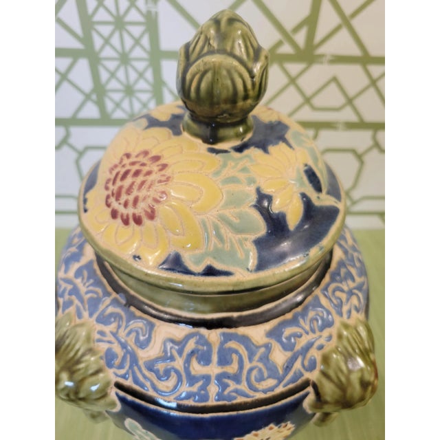 Vintage Navy Blue and White, Green Clay Fired Foo Dog Italian Floral Ginger Jar Decor For Sale In West Palm - Image 6 of 11