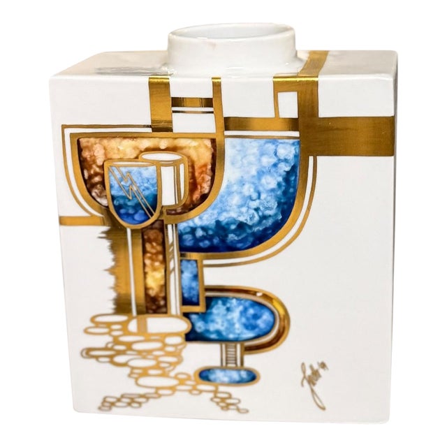 KPM Berlin Vintage Vase With Gold Accents With Blue Bold Geometric ModernIn - Design by Trude Petri Signed For Sale