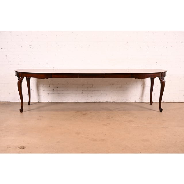 French Provincial Baker Furniture Style French Provincial Louis XV Carved Cherry Wood Extension Dining Table | Newly Refinished For Sale - Image 3 of 17