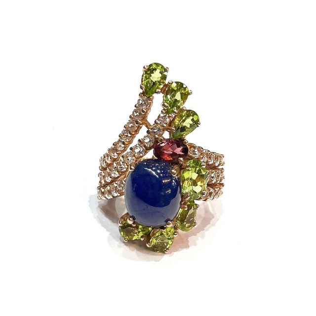 Contemporary Bochic “Orient” Blue Sapphire & Multi Gem Cocktail Ring In 18K Gold & Silver, Size 4 For Sale - Image 3 of 8