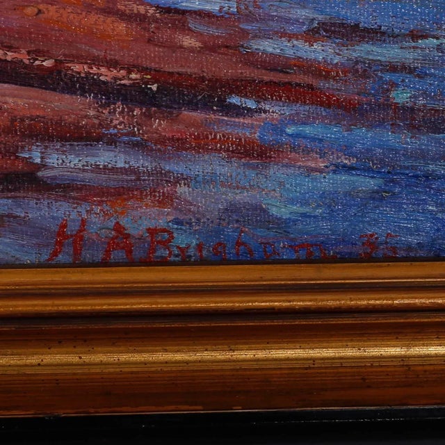 Blue Vintage Impressionist Oil Painting of a Harbor Scene For Sale - Image 8 of 10