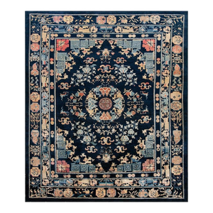 Wonderful Navy Blue and Sky Blue With Medallion and Florid Design Antique Chinese Peking Rug