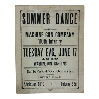 1919 Vintage "Summer Dance" Washington Gardens 110th Infantry Sign For Sale
