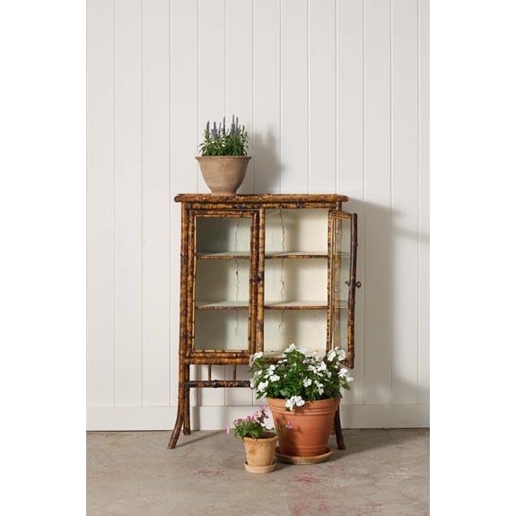 19th Century English Tortoise Bamboo 2-Door Glass Front Cabinet with three shelves, featuring richly toned bamboo...