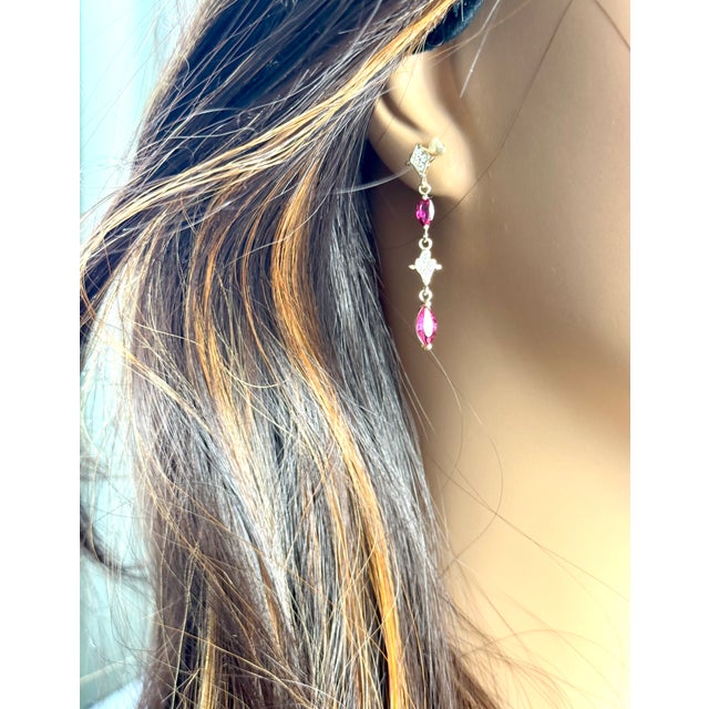Metal 14k Yellow Gold Drop Earrings 4 Marquis Rubies 2.40 Pavé Diamonds 0.30 Carats, A Pair For Sale - Image 7 of 9