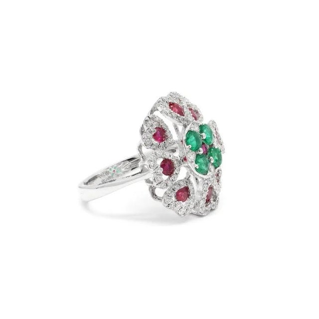 Solid 14k Gold Ruby Emerald and Pave Set Diamond Bohemian Chic Flower Ring Size 11 For Sale In New York - Image 6 of 7