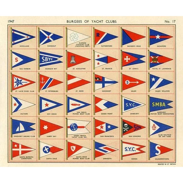 Original lithograph featuring American yachting club flags from a 1940s guide to yachts and their owners. The flags, also...