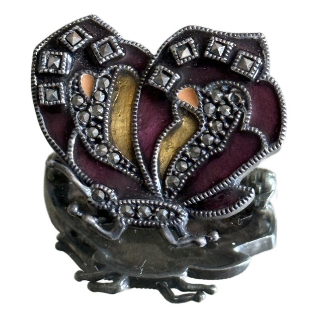 Mid Century Sterling Silver JMS Enamel and Marcasite Butterfly Brooch For Sale
