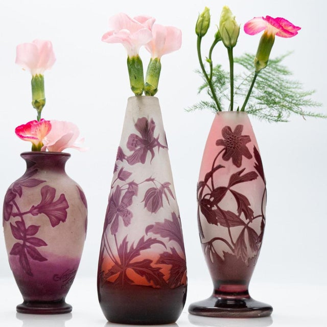 Acid Etched Double Overlay Cameo Vases from Gallé, 1920, Set of 3 For Sale - Image 3 of 13