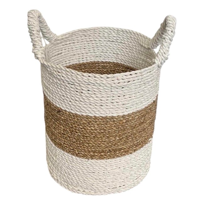 Coastal Vintage Woven Seagrass & Cotton Rope Floor Basket For Sale - Image 3 of 12