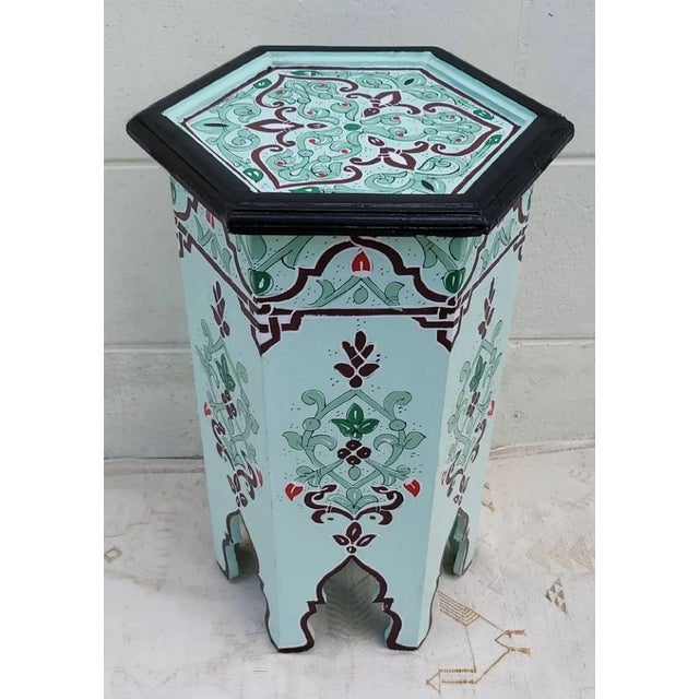Wood Moroccan Hexagonal Hand Painted Wooden Side Table in Celadon Zouak For Sale - Image 7 of 7