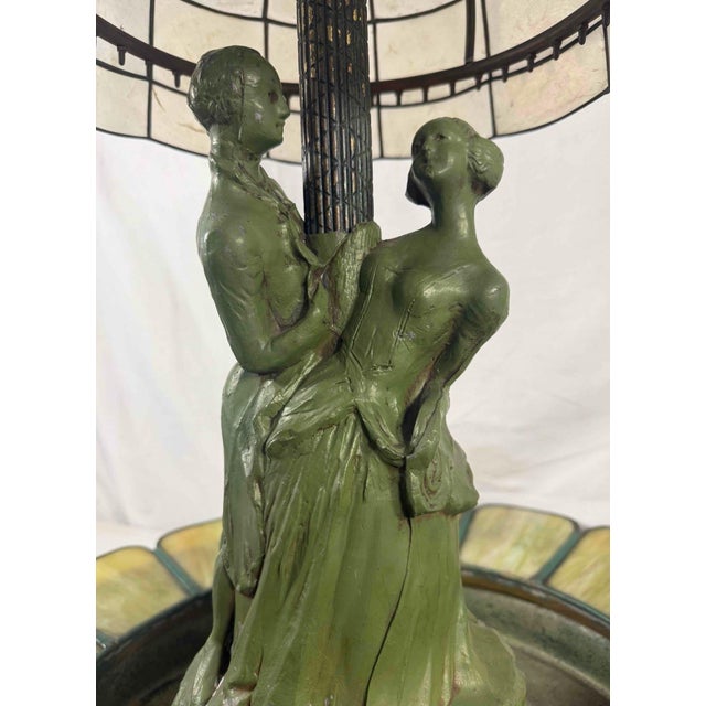 Verdigris 1920s Art Deco Figural Re-Circulating Fountain Lamp - Working Verdigris Spelter Sculpture & Iridescent Natural Capiz Shell Dome Shade For Sale - Image 8 of 14