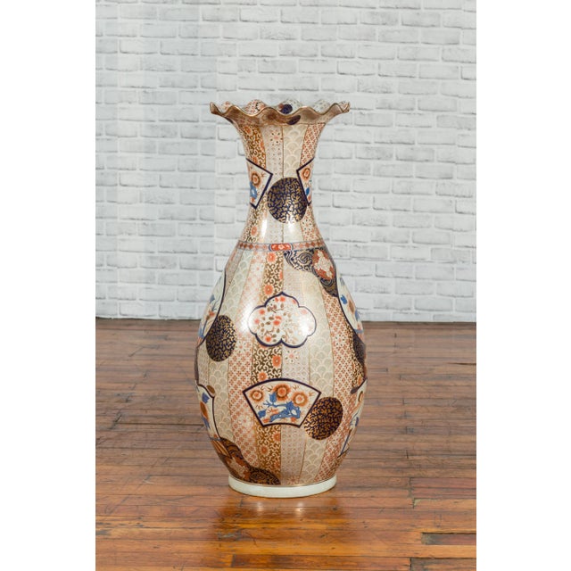 Tall Vintage Chinese Vase with Hand Painted Blue, Orange and Gold Floral Decor For Sale - Image 9 of 11