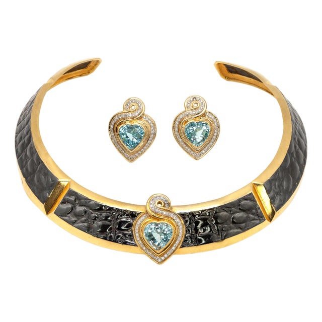 1990s Rare Gucci 18k Yg Diamond Aquamarine Black Enamel Necklace and Earring Set For Sale