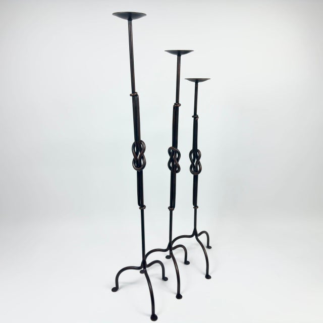 Rustic Hand Forged Iron Candelabra Set of 3 (88-108cm) Antique Copper Double Stem with Hercules Knot and Arched Base For Sale - Image 3 of 12