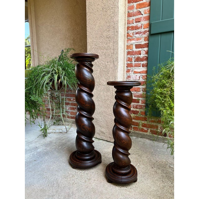 Pair Set of 2 Antique French Pedestal Stand Barley Twist Oak Large Plant Columns For Sale - Image 13 of 18