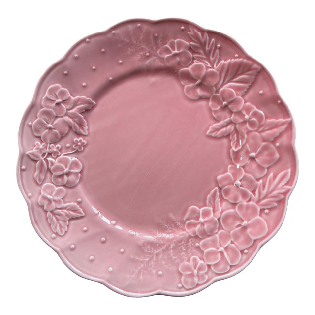 1980s Ingrid Pink Bordello Pinheiro Floral Fern Pansy Embossed Plate For Sale