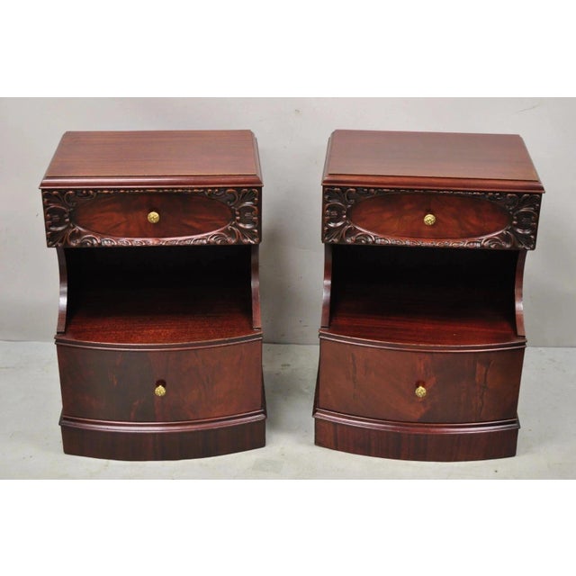 Vintage Chinese Chippendale Mahogany 2 Drawer Nightstands Bedside Tables - a Pair. Item features beautiful wood grain,...