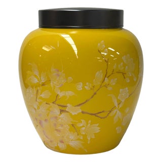 Bright Yellow White Floral Peonies Butterflies Bulbous Porcelain Metal Lid Jar For Sale