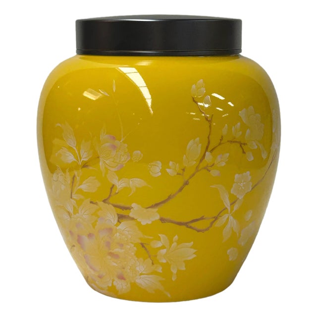 Bright Yellow White Floral Peonies Butterflies Bulbous Porcelain Metal Lid Jar For Sale