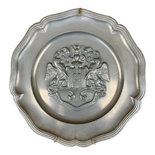 Mid-Century German Pewter Heraldic Coat of Arms Wall Plate For Sale