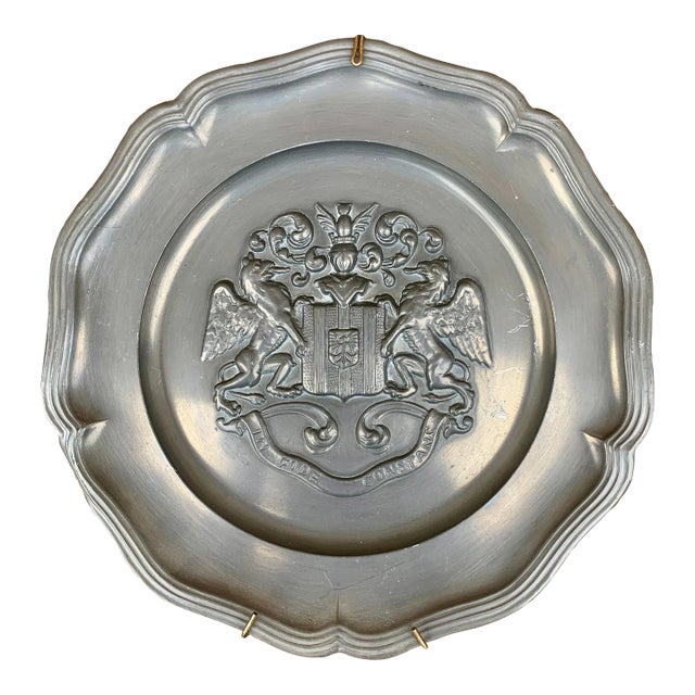 Mid-Century German Pewter Heraldic Coat of Arms Wall Plate For Sale