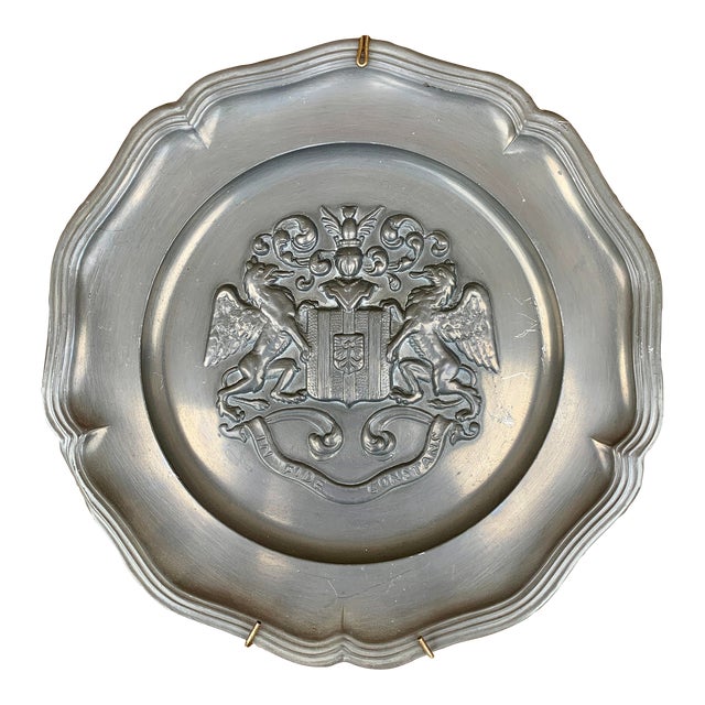 Vintage German Coat of Arms Heraldry Pewter Wall Plate For Sale