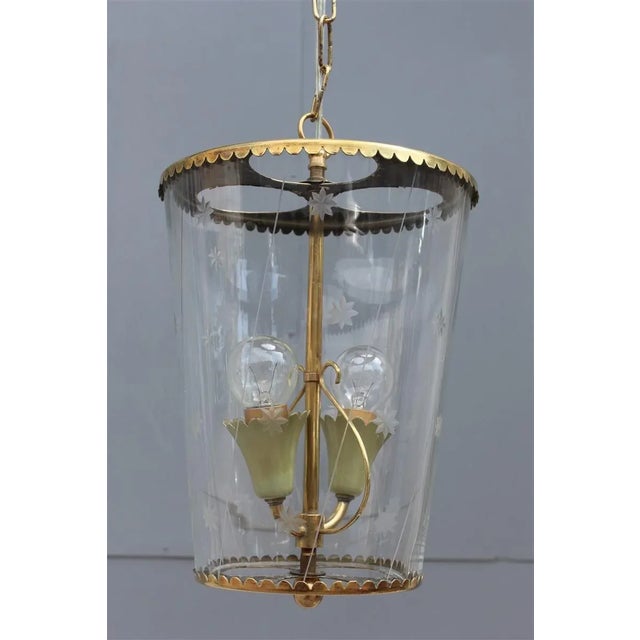 Mid-Century Italian Engraved Glass and Brass Ceiling Lamp from Crystal Art, 1950s For Sale - Image 6 of 13