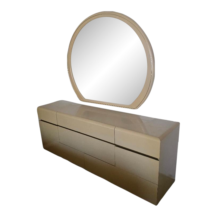 cream dresser with mirror Transitional Cream Color Dresser Mirror 2x Nightstands Chest 5pc Bedroom Set Unique Handle pulls Rubberwood Veneer Furniture, Size: 35, Beige