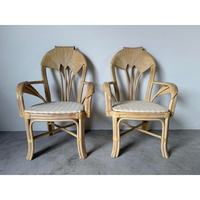 Mid-Century Modern Vintage Boho Chic Coastal Rattan & Leather-Wrapped Dining Chairs – Set of 4 For Sale - Image 3 of 12