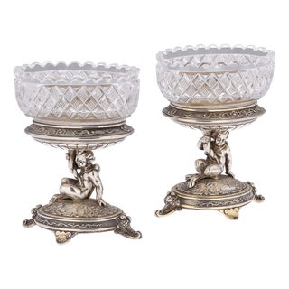 19th Century Victorian Silver & Glass Figural Salts from Elkington, 1896, Set of 2 For Sale