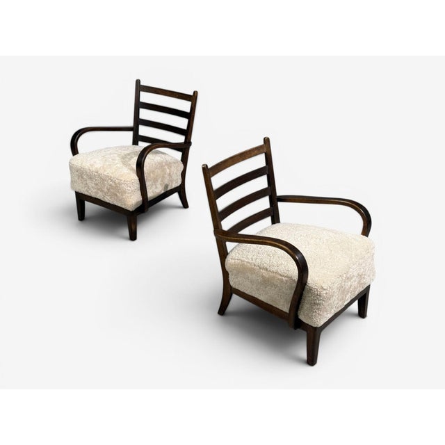 German Modern, Lounge Chairs, Oak, Beige Shearling, Germany, 1940s For Sale - Image 4 of 13