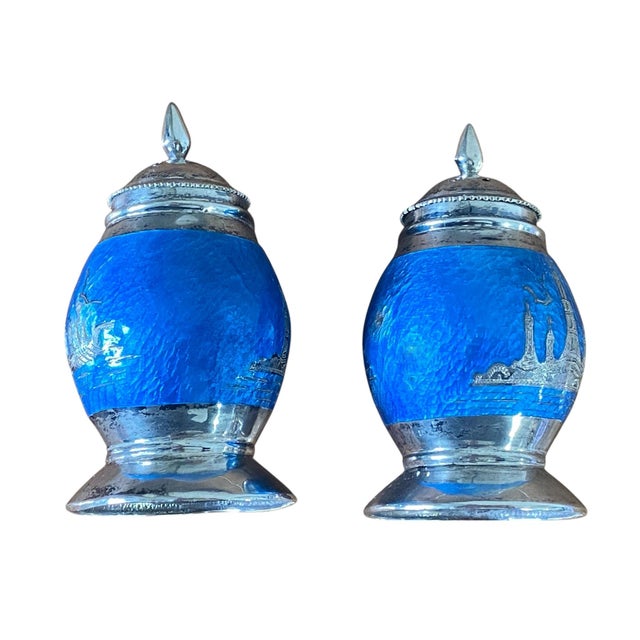 Mid-Century Modern Vintage Mid-Century Modern Siam Sterling Silver Blue Guilloche Enamel Salt and Pepper Shakers For Sale - Image 3 of 6