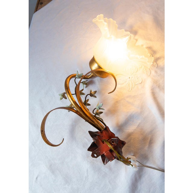 Gold Italian Metal Wall Sconces with Flowers and Tulips, 1980s, Set of 2 For Sale - Image 8 of 10