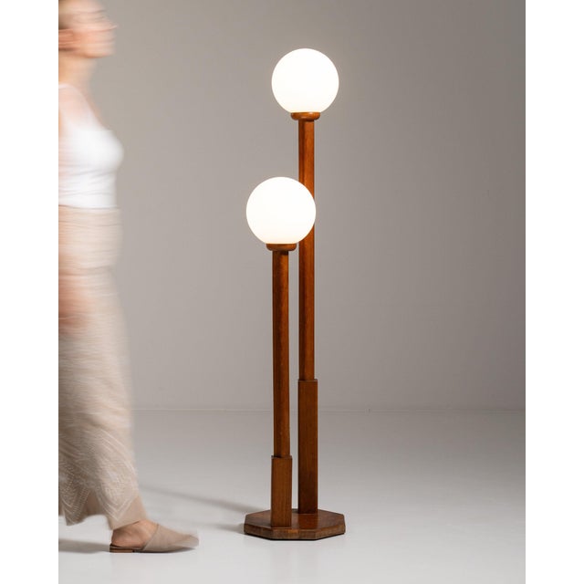 20th Century France Rich Walnut Brown Double-Globe Floor Lamp For Sale - Image 4 of 8