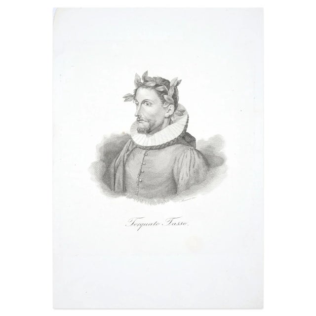 Image dimensions: 20 x 17.6 cm. Torquato Tasso is a beautiful black and white etching on paper, realized in XIX century by...
