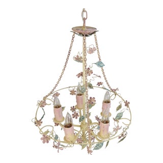 Late 20th Century Vintage Pastel Floral Tole 5-Arm Chandelier For Sale