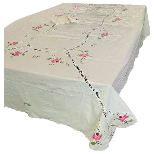 Vintage Linen Tablecloth – Pink Floral Appliqué and Cutwork, 92" For Sale - Image 4 of 9