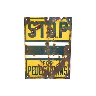 Yellow Metal 1940s Stop for Pedestrians Sign For Sale