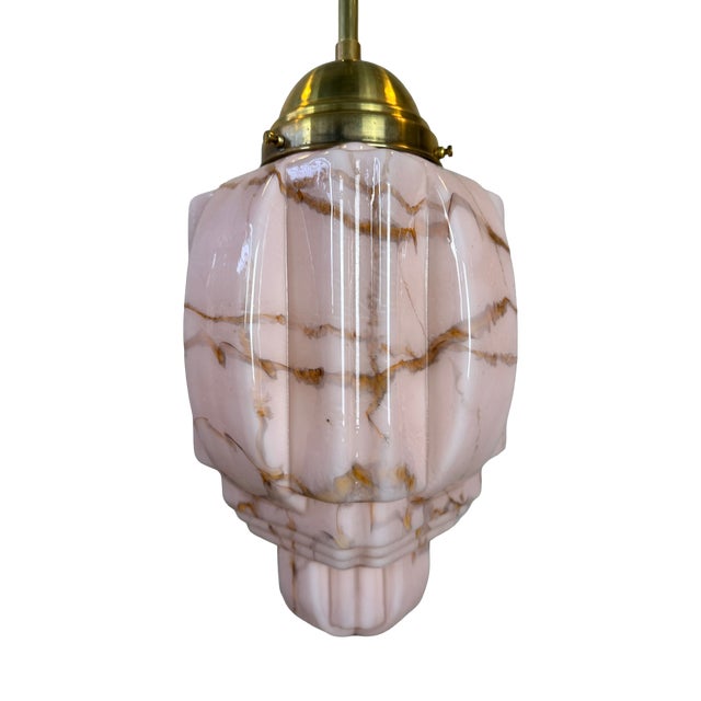 Art Deco Hanging Light in Marbled Rose Opaline, 1930s For Sale