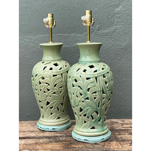 Vintage Cutout Green Ceramic Table Lamps - Pair For Sale - Image 11 of 12
