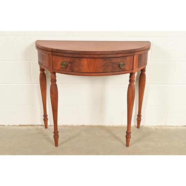 Baker Furniture Style Antique Federal Flame Mahogany Flip Top Demilune Console Game Table, Circa 1920s For Sale - Image 14 of 14