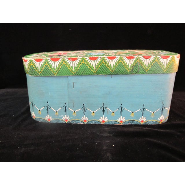 Folk Art Vintage Hand Painted Tole Deer Hunting Scene Wood Keepsake Sewing Box With Lid For Sale - Image 3 of 9