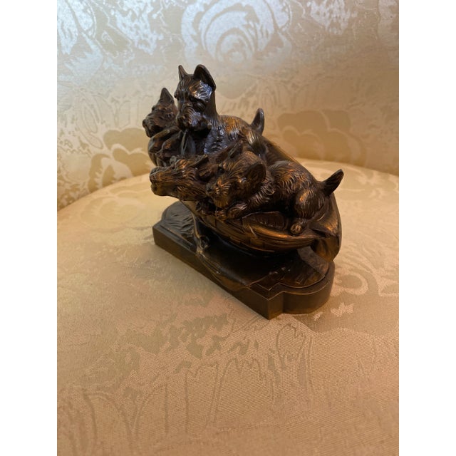 Figurative 1960s Bronze Tone Metal Yorkies in a Basket For Sale - Image 3 of 6