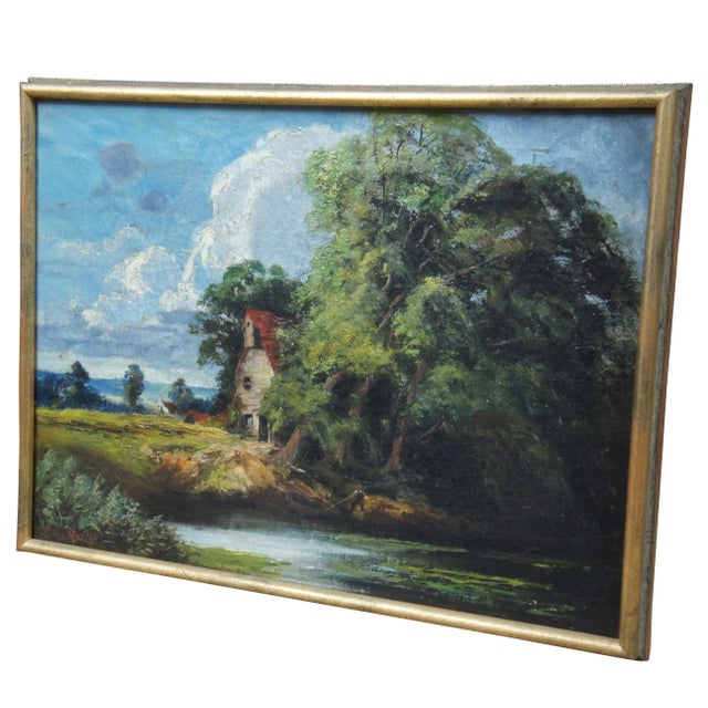 19th century oil painting on canvas attributed to Charles "Chas" Martin. Features a fisherman by the river with a cottage...