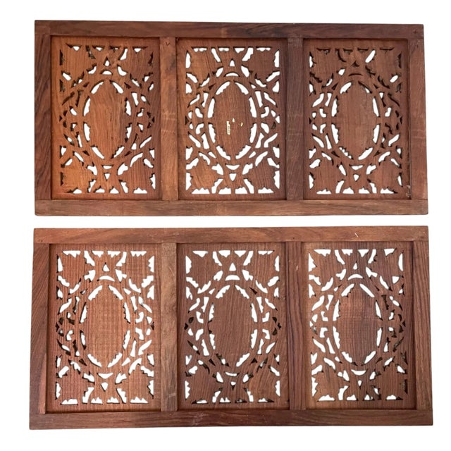 Boho Chic Vintage Hand-Carved Wood Jali Wall Hanging Latticework Plaques. India For Sale - Image 3 of 4